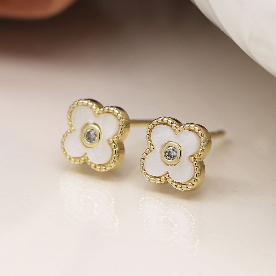 Golden small quatrefoil clover stud earrings