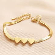Stainless Steel Three Heart Charm Herringbone Bracelet in Gold