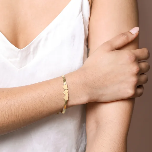 Stainless Steel Three Heart Charm Herringbone Bracelet in Gold