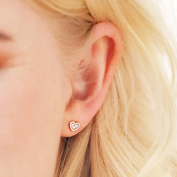 Tiny Crystal Heart Stud Earrings in Rose Gold