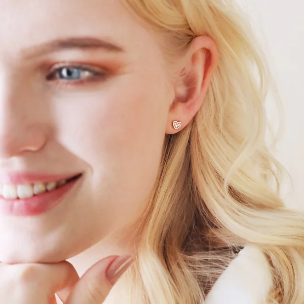Tiny Crystal Heart Stud Earrings in Rose Gold