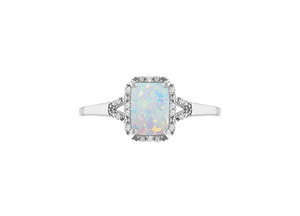 9ct White Gold Opal and Diamond Rectangular Halo Ring