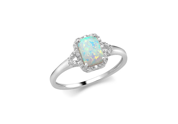 9ct White Gold Opal and Diamond Rectangular Halo Ring