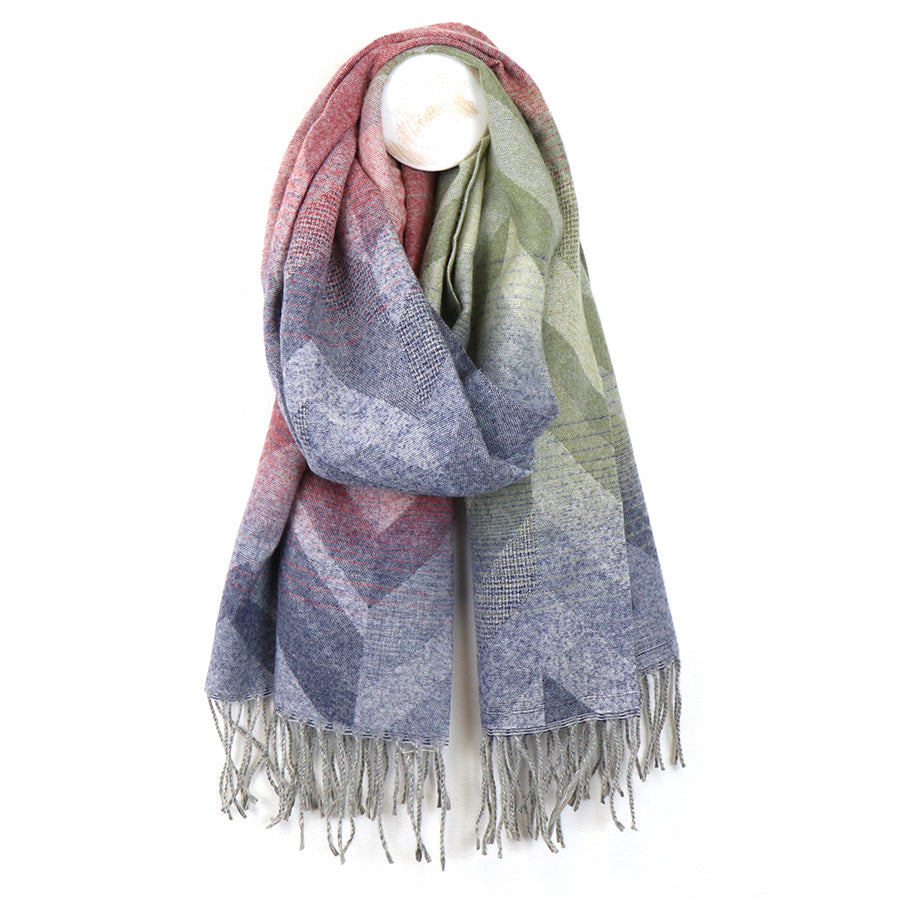 Pink/blue mix chevron weave fringed winter scarf