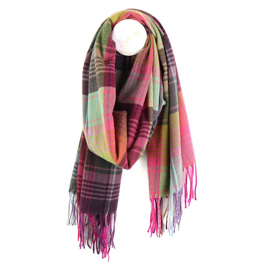 Muted green and pink mix check scarf