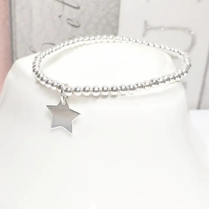 Personalised Stretchy Silver Ball Bracelet with Star Charm