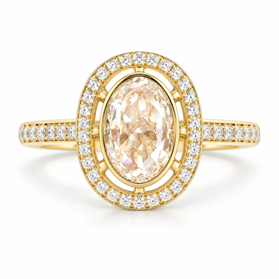 18ct Yellow Gold Blush Pink Rose Cut Diamond Halo Engagement Ring