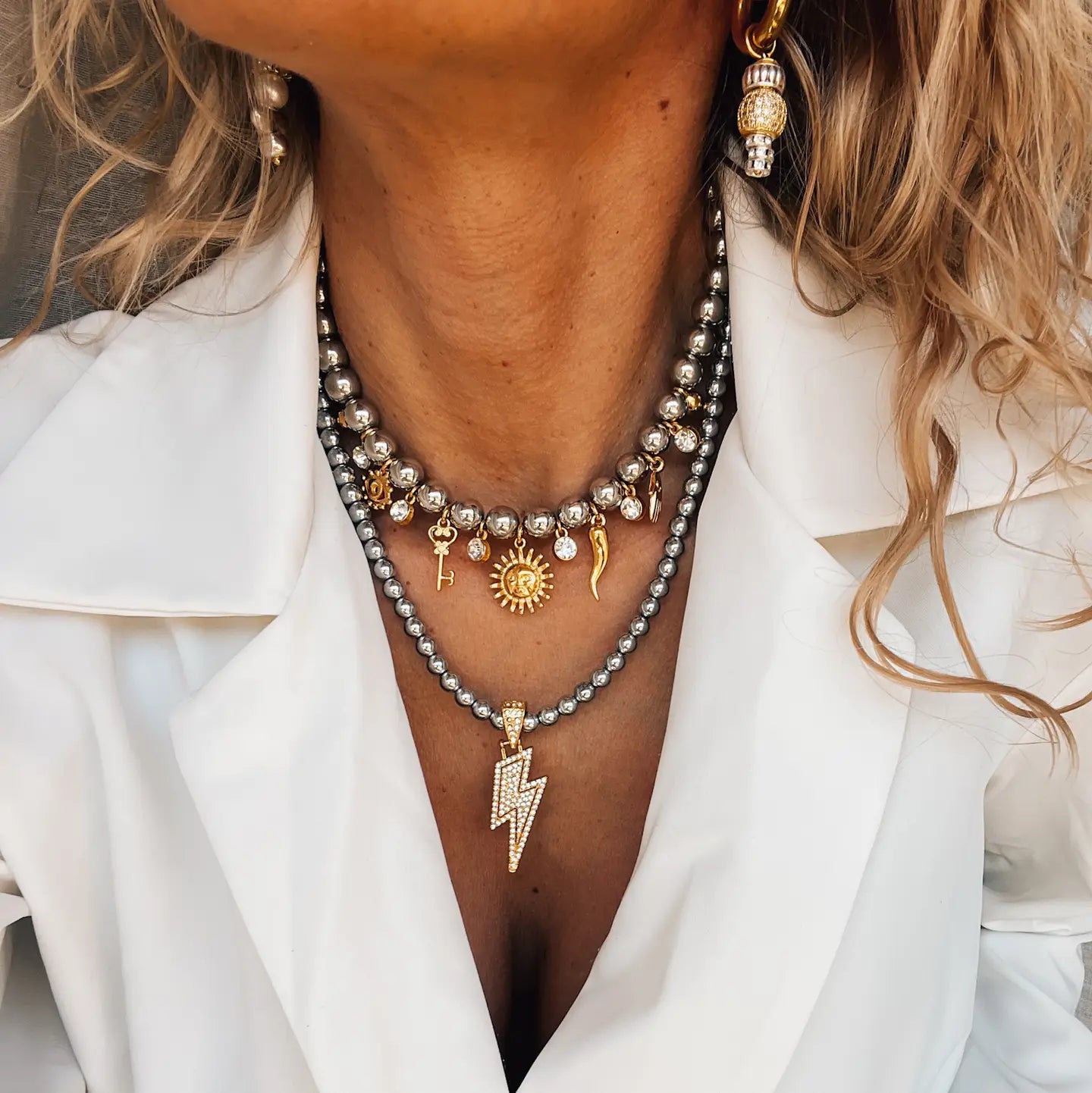 Goupi Black Bead & Thunder Bold Charm Necklace