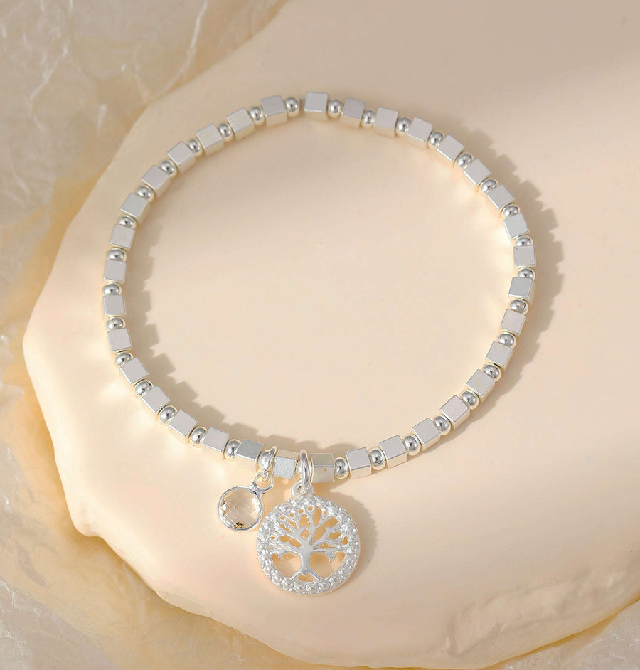 Stretchy Silver Ball Bracelet With Tree Of Life Charm