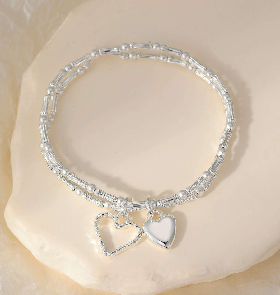 Stretchy double bamboo bead heart bracelet set