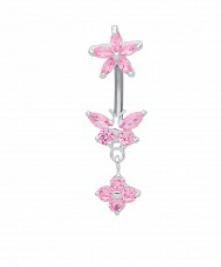 Stainless Steel Pink Cubic Zirconia Butterfly & Star Drop Navel Belly Bar