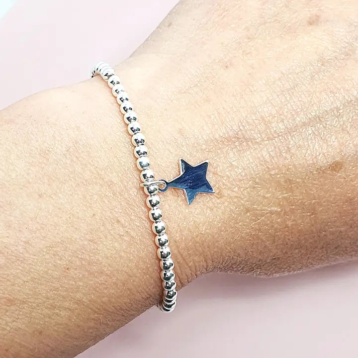 Personalised Stretchy Silver Ball Bracelet with Star Charm
