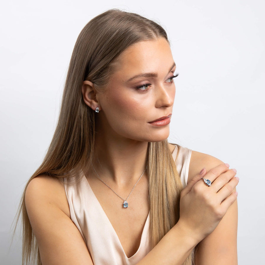 Diamonfire Square Aquamarine Blue Zirconia Trilogy Dress Ring