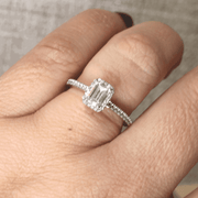 Emerald Cut Diamond Halo Engagement Ring With Skinny Shoulders