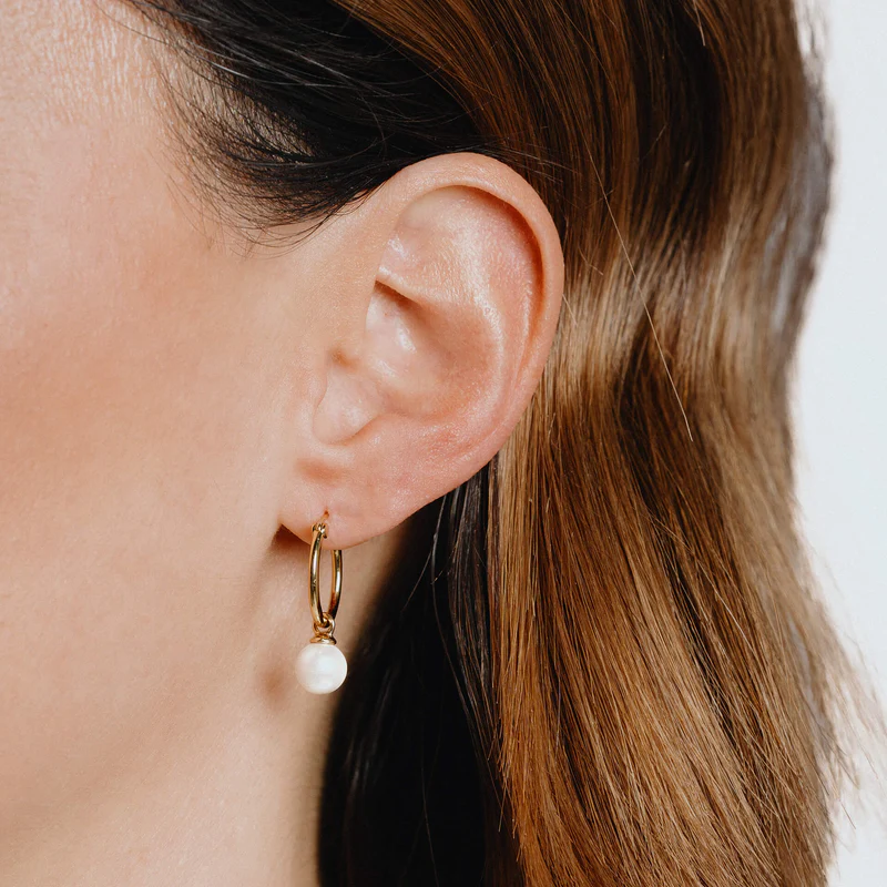 Yellow Gold Plated Assembled Hoop Earrings with Shell Pearl