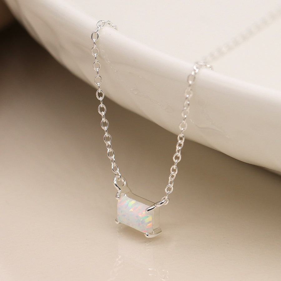 Sterling Silver Opal Rectangle Necklace