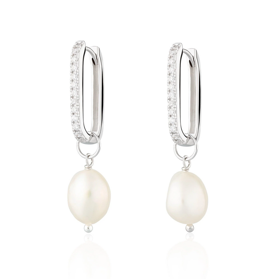 Scream Pretty x Hannah Martin Silver Sparkle Oval Hoop Earrings with Baroque Pearls