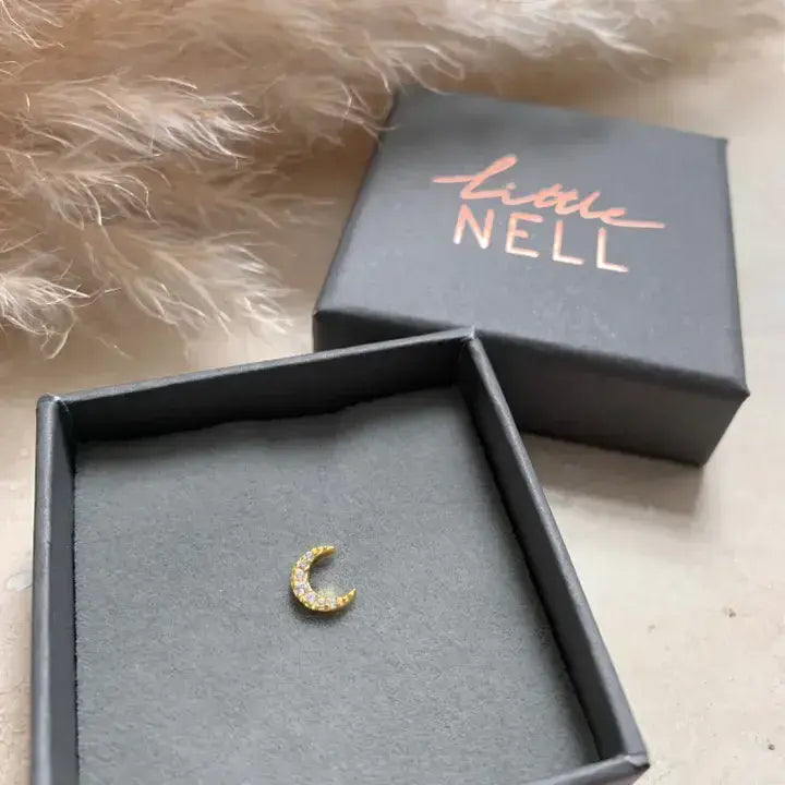 Single Barbell Stud Jewelled Moon Gold Vermeil
