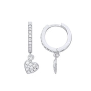 Sterling Silver CZ Rhodium Plated Heart Hoop Earrings